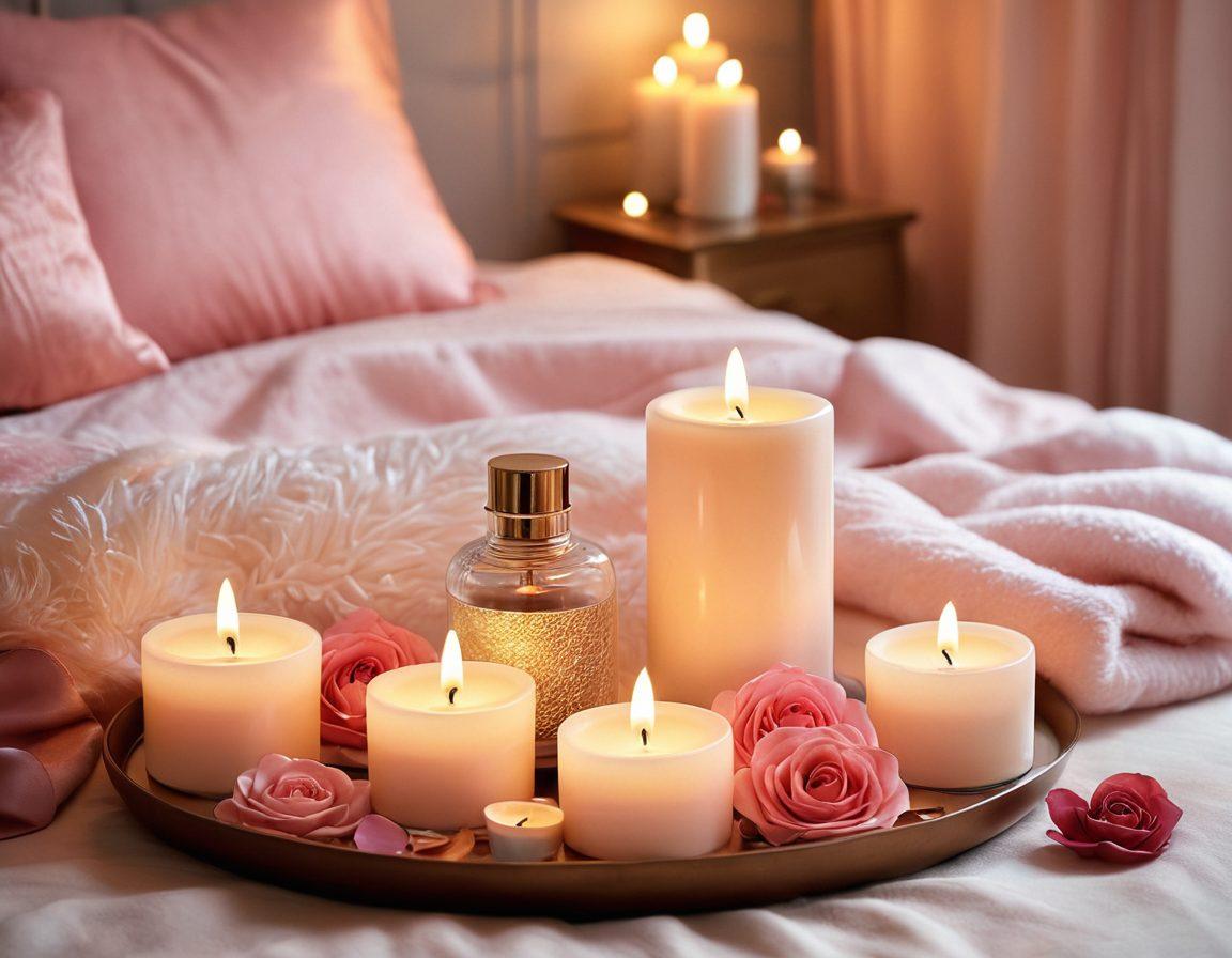 A beautifully arranged display of various personal massagers with soft, warm lighting highlighting their smooth textures. Include elements of intimacy like candles, rose petals, and plush fabrics in the background to create a cozy atmosphere. Add a hint of soft, pastel colors to evoke a sense of relaxation and pleasure. The scene should feel inviting and luxurious, suggesting exploration and self-care. super-realistic. soft pastel colors. cozy ambiance.