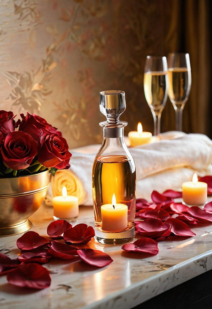 A sensuous arrangement featuring luxurious intimacy enhancers such as silk blindfolds, elegant massage oils, and playful, stylish toys. Soft candlelight flickers in the background, creating an inviting atmosphere filled with warmth and allure. Incorporate subtle hints of romance like rose petals and champagne glasses to evoke a feeling of indulgence and pleasure. The colors should be rich and deep, enhancing the intimate vibe of the scene. super-realistic. warm colors. soft focus.