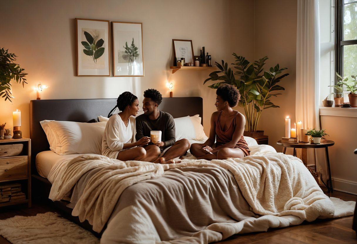 A cozy bedroom setting featuring a diverse couple joyfully exploring body-safe pleasure items, surrounded by soft lighting and beautifully arranged self-care products like candles and essential oils. The atmosphere should radiate intimacy, love, and comfort, with an emphasis on inclusivity. Incorporate textures like plush blankets and lush plants to enhance the warmth of the space. soft-focus. warm colors. intimate atmosphere.